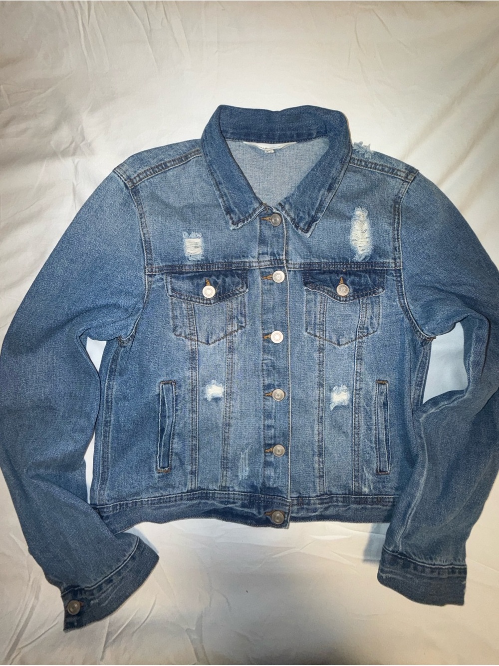 Classic Distressed Blue Denim Jacket Women Size Small